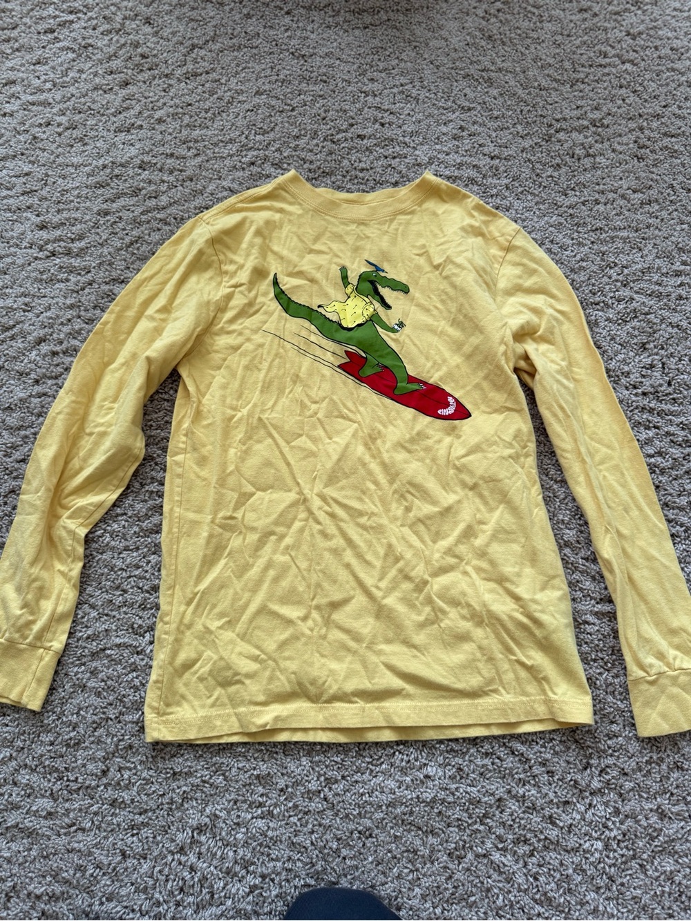 Patagonia Yellow Long-Sleeve Tee with Surfing Alligator Graphic